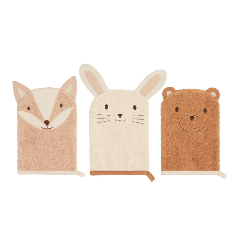 Lot de 3 gants de toilettes ludique en forme d'animaux