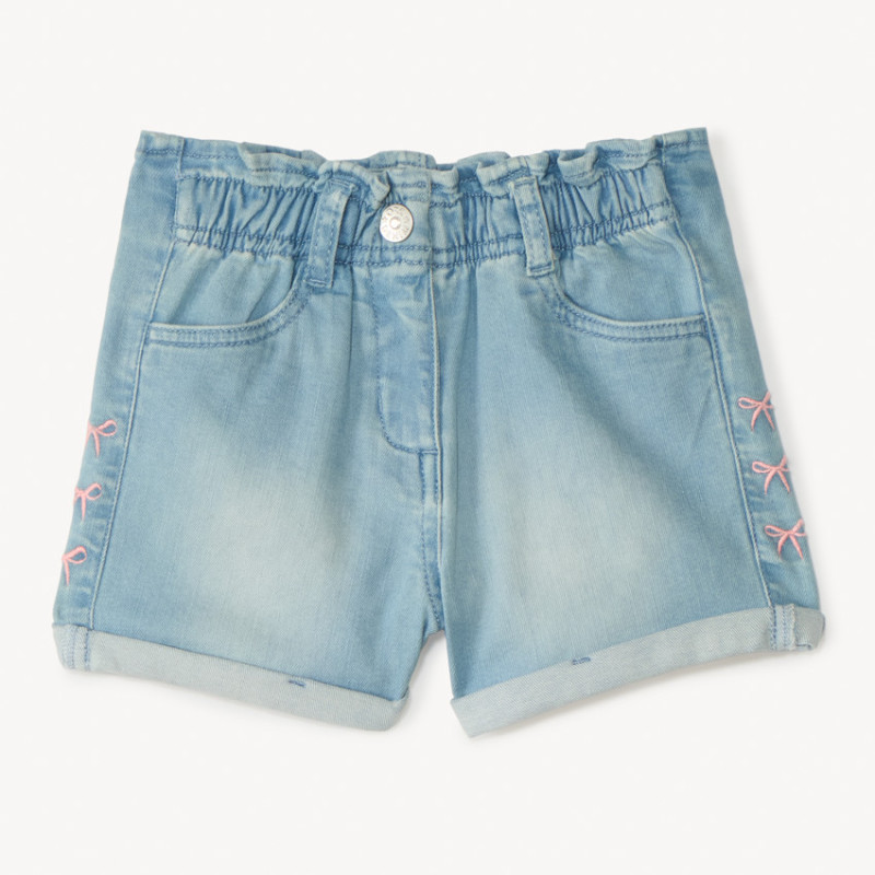 Short en jean taille élastique broderie nœuds fille