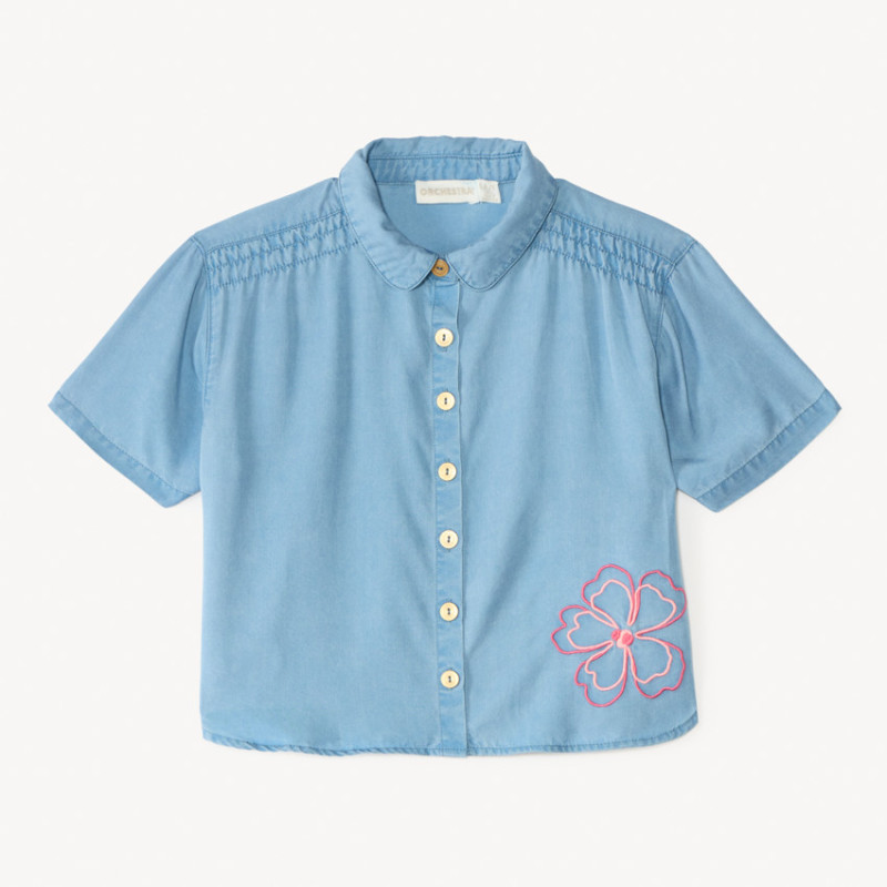 Chemise manches courtes épaules smockées fleurs en cording f