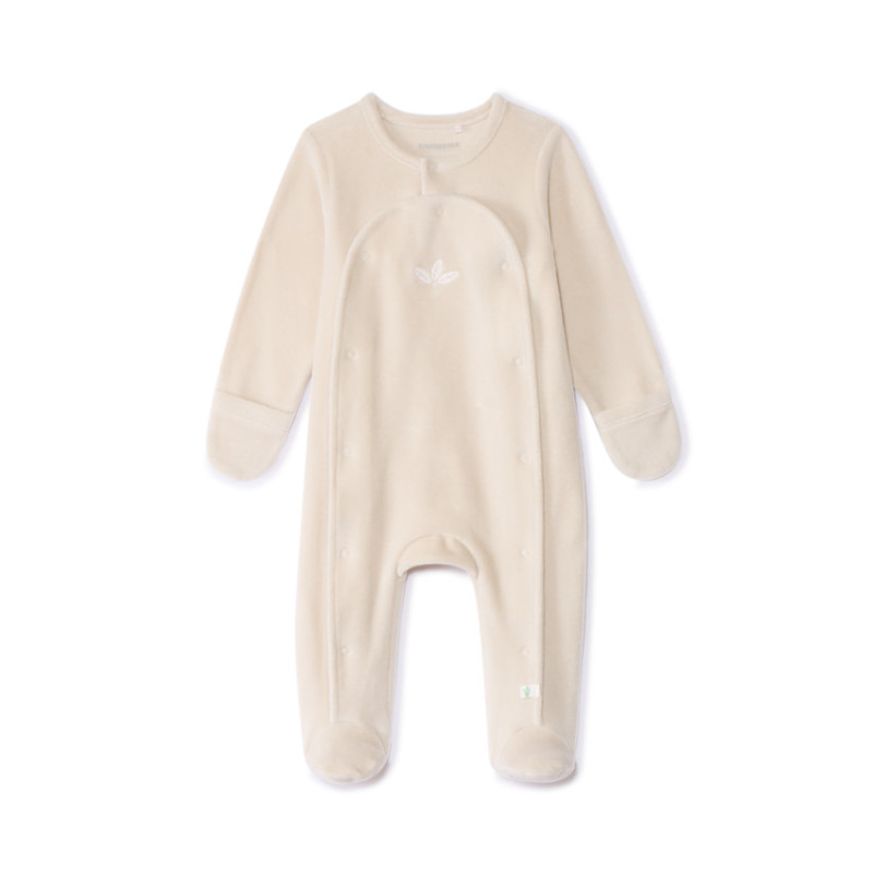 Dors-bien en velours uni brodé feuilles pour bébé
