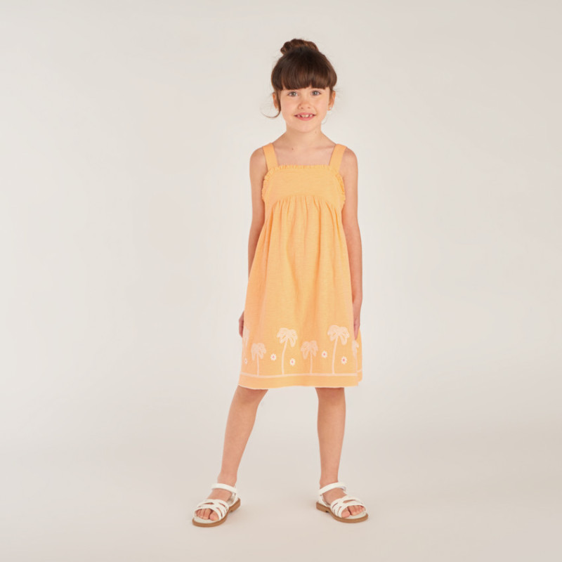 Robe à bretelles unie broderie palmier fille