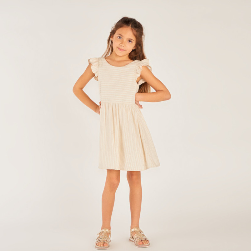 Robe manches courtes en toile à rayures avec dos en V fille