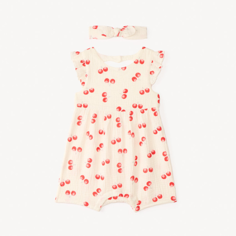 Combinaison courte imprimée cerises + bandeau nœud pour bébé
