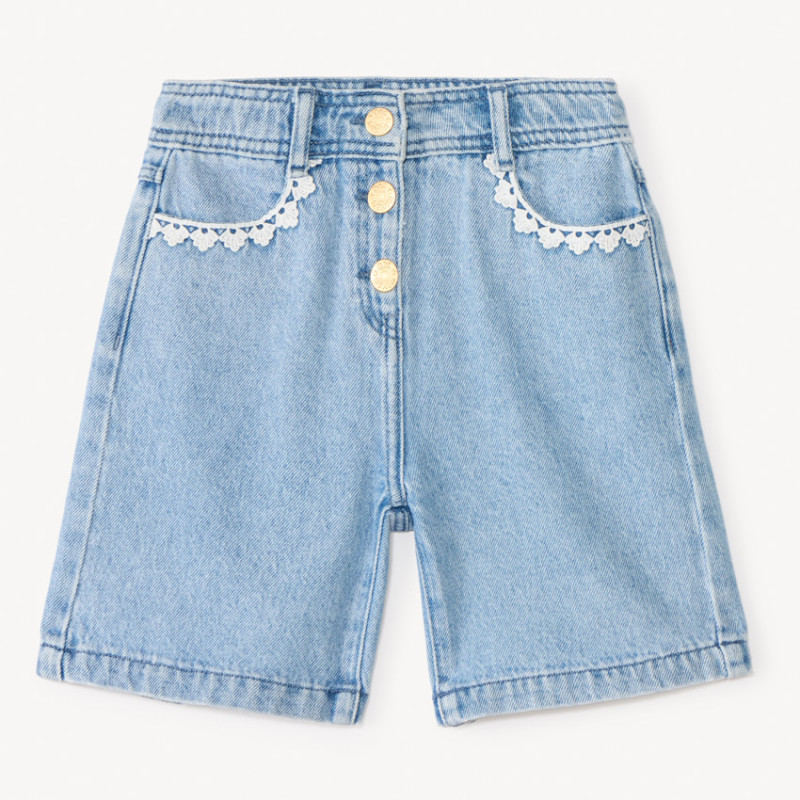 Short long en jean à broderie avec taille ajustable fille
