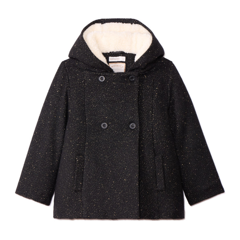 Manteau drap de laine en lurex noir et doublure sherpa fille