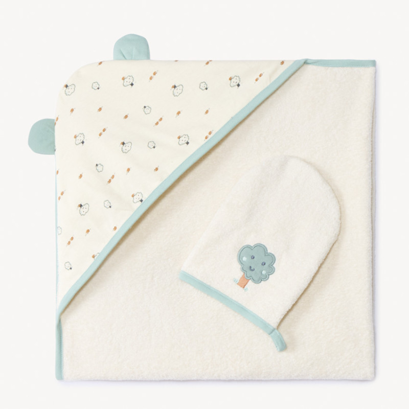 Set de bain bi-matière cape + gant de toilette imprimé arbre