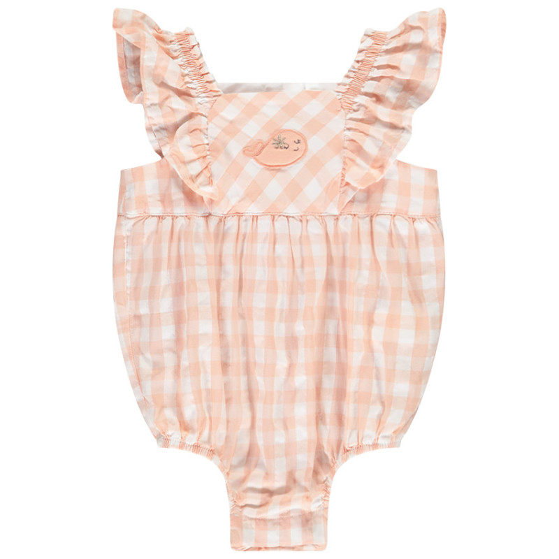 Barboteuse à carreaux vichy et patch baleine pour bébé fille